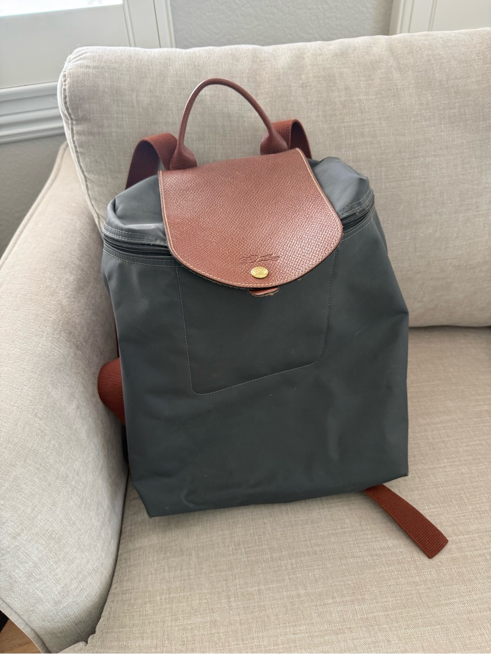 Longchamp la pliage grey and brown backpack